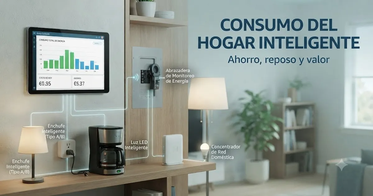 Pantalla de consumo eléctrico del hogar inteligente con enchufes conectados y medidores de potencia