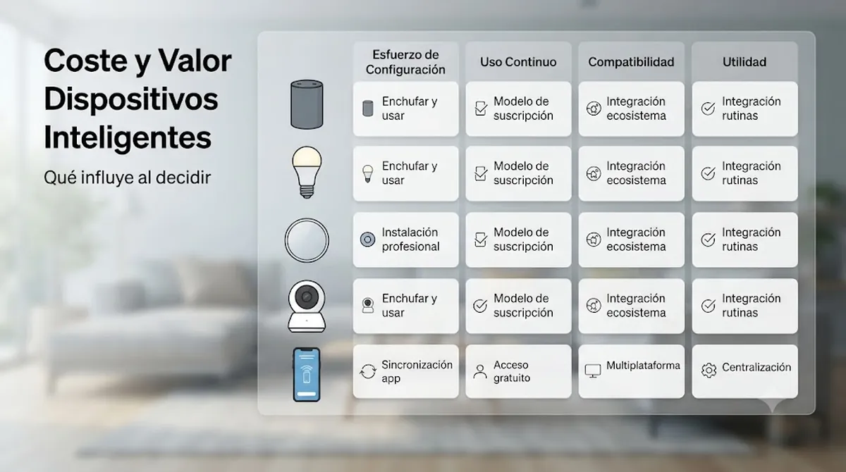 Dispositivos de hogar inteligente organizados para comparar factores de coste y valor