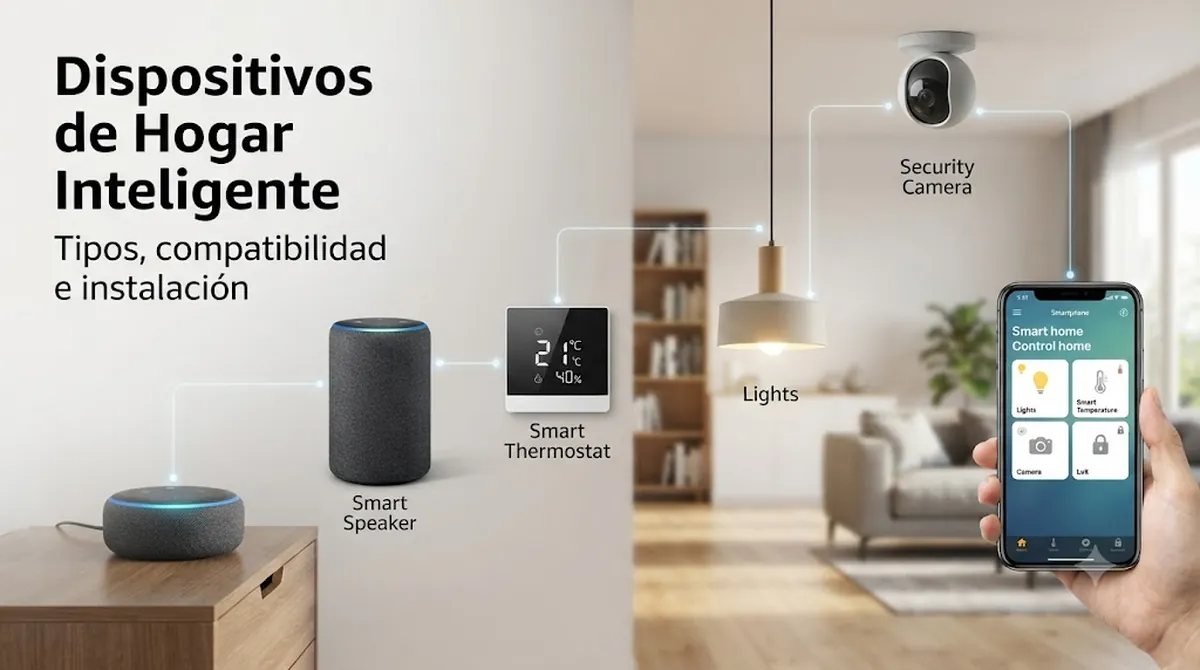 Escena de una casa conectada con varios dispositivos de hogar inteligente funcionando juntos