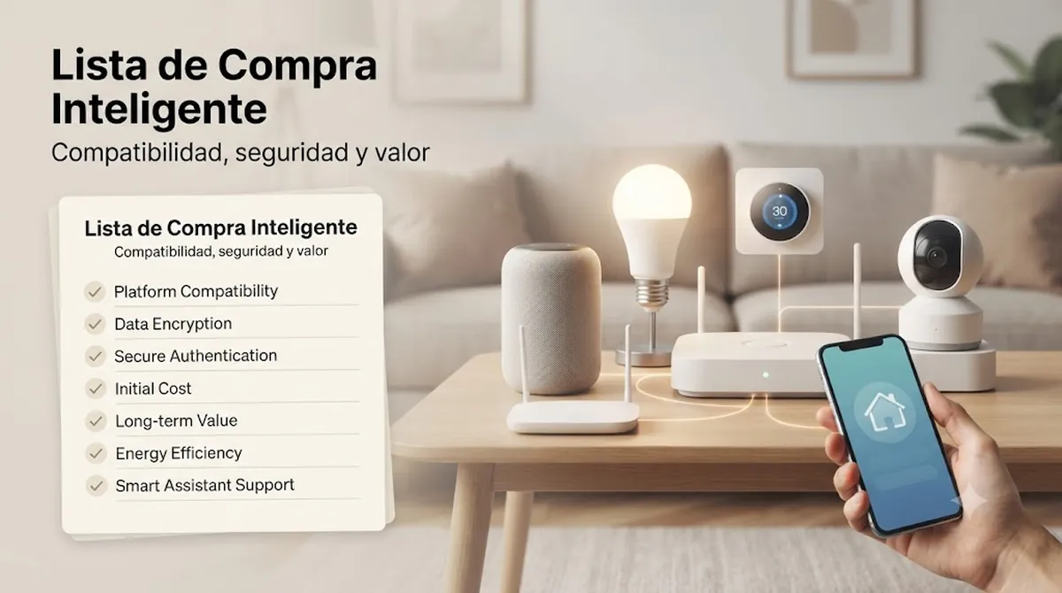 Lista de compra de dispositivos de hogar inteligente con comprobaciones de compatibilidad, seguridad y valor