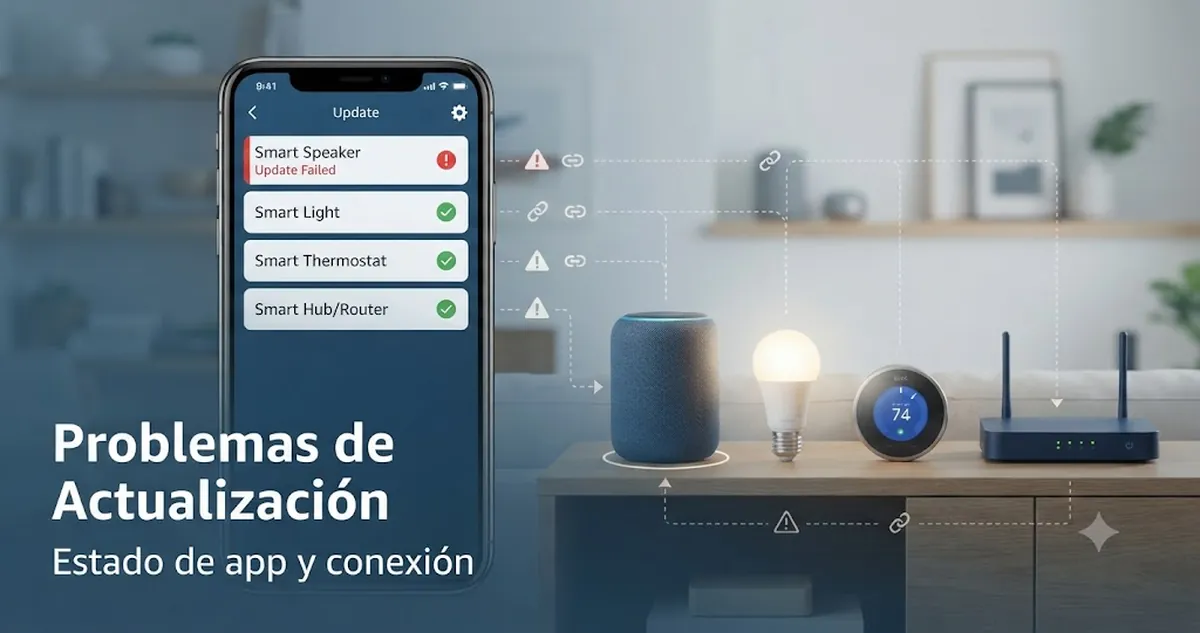 Problema de actualización en un dispositivo de hogar inteligente mostrado con estado de la aplicación e indicadores de conexión