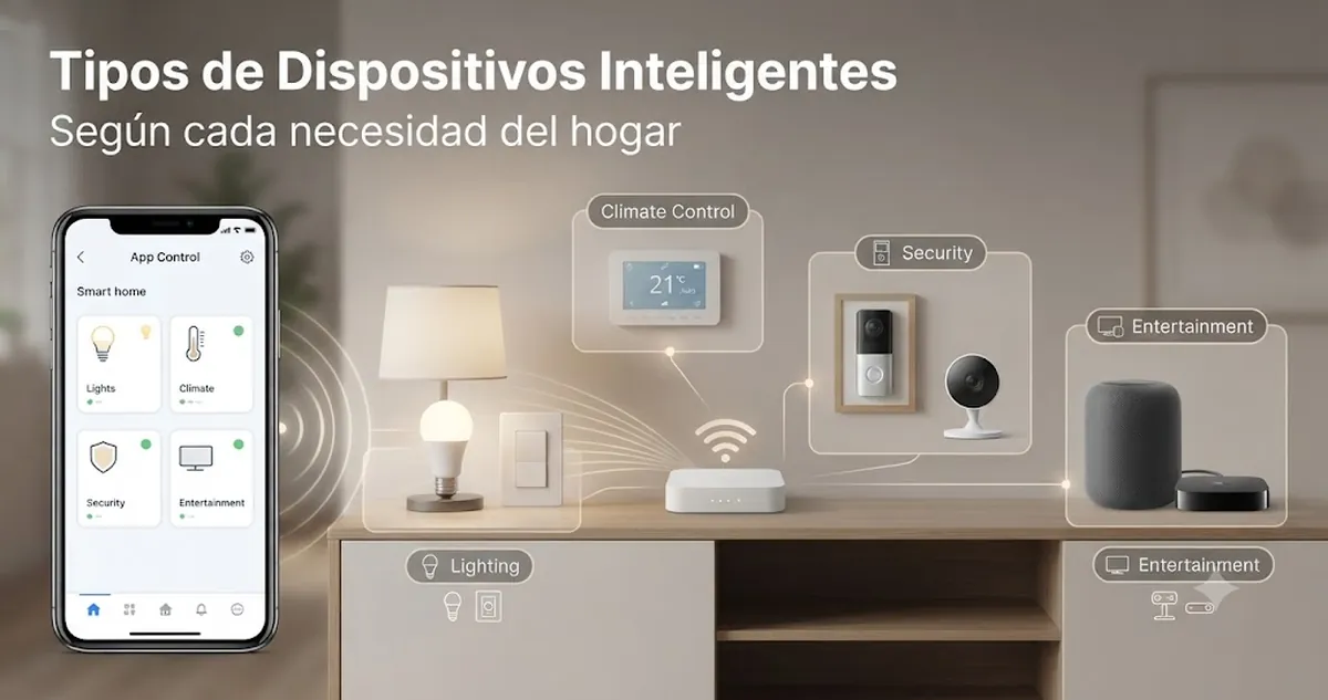 Diferentes tipos de dispositivos de hogar inteligente organizados por uso en casa