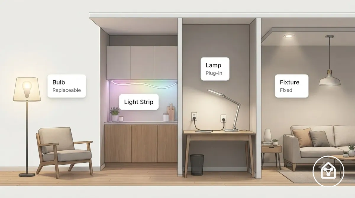 Graphique comparatif montrant des ampoules connectées, des bandeaux lumineux, des lampes et des luminaires avec des indications d’emplacement dans la pièce