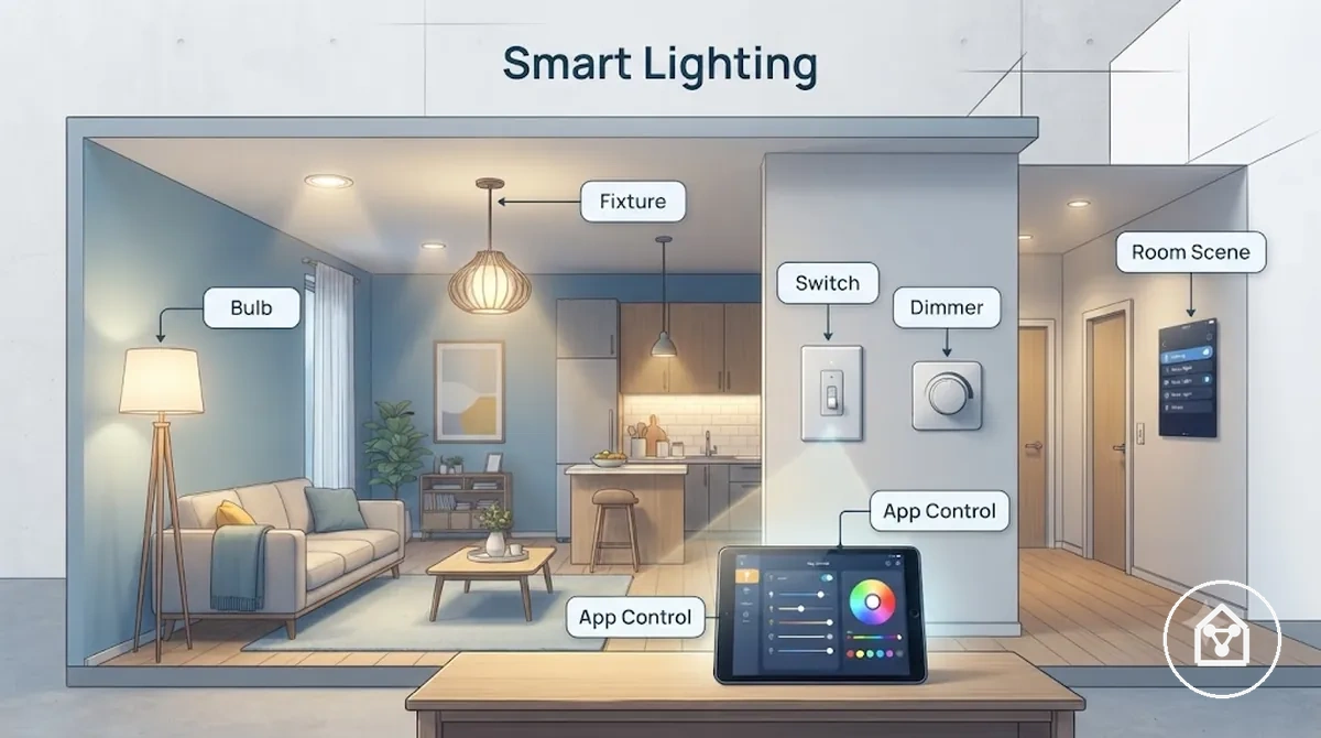 Appareils d’éclairage connectés annotés montrant des ampoules, des luminaires, des interrupteurs, des gradateurs et un contrôle par application dans des contextes de pièce