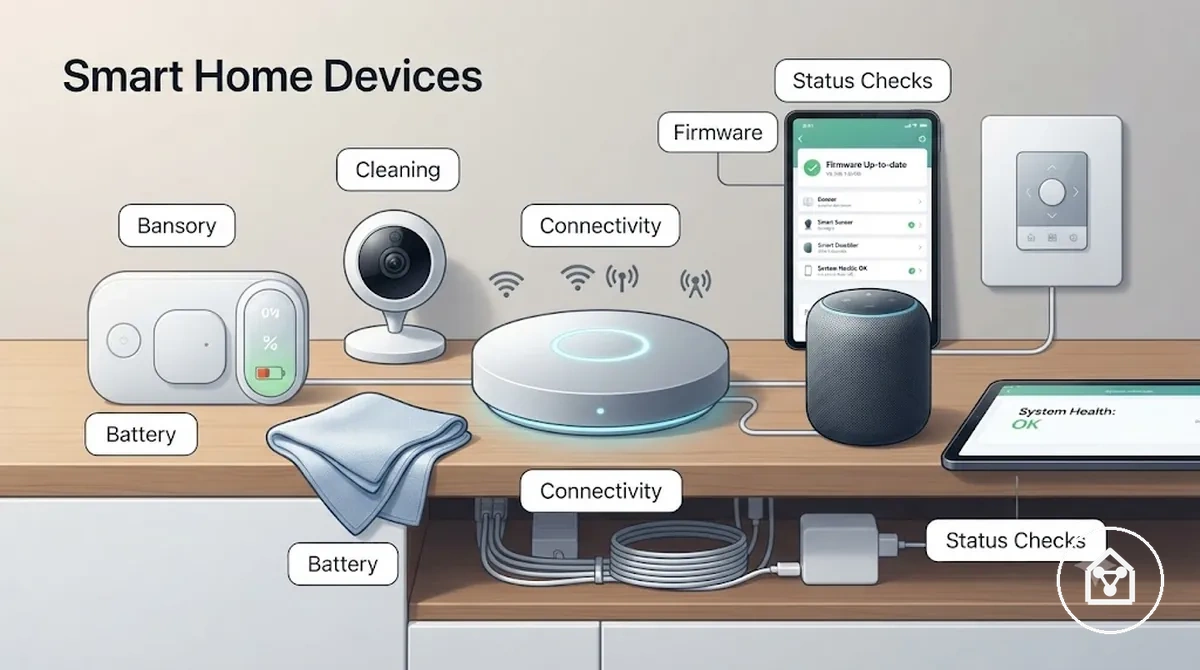 Objets connectés avec indicateurs de maintenance : état logiciel, nettoyage, batterie et alimentation