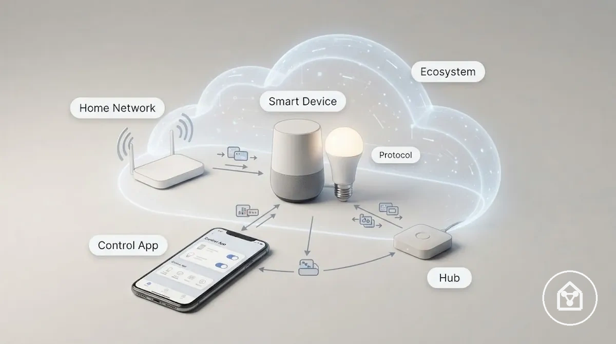 Diagramme montrant ce que signifie la connectivité des objets connectés entre un appareil, un réseau, un hub et une application
