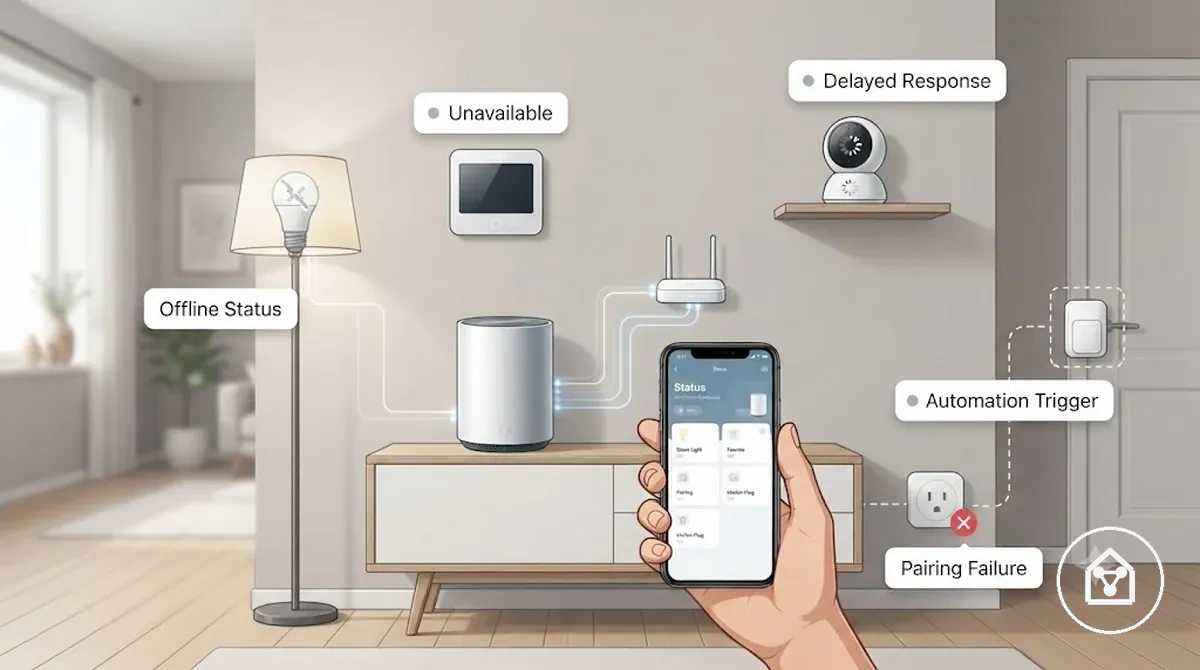 Application d objets connectés affichant des exemples de statut hors ligne et indisponible