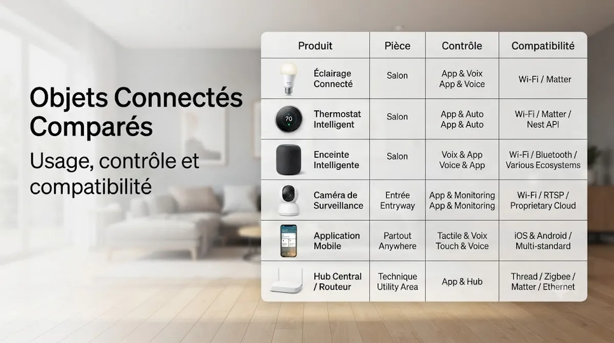 Objets connectés comparés selon la pièce, le mode de contrôle et la compatibilité du système