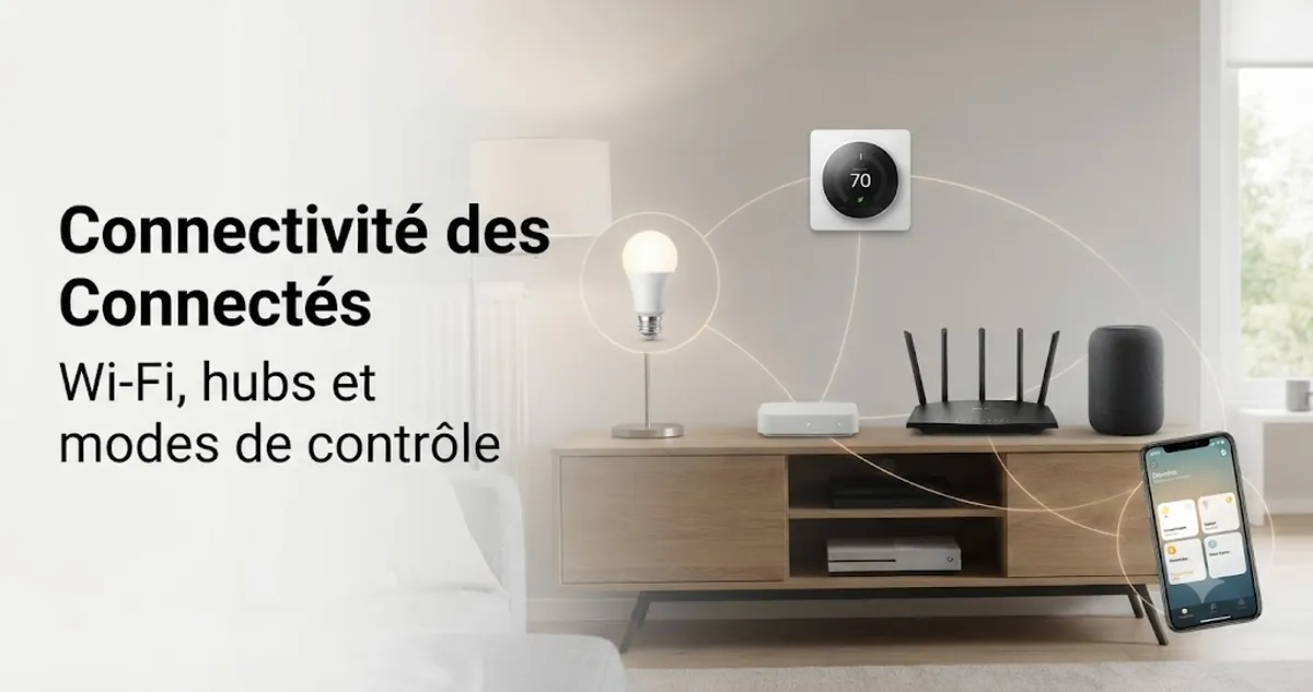 Hub de maison connectée, routeur Wi-Fi et appareils reliés dans une installation domestique