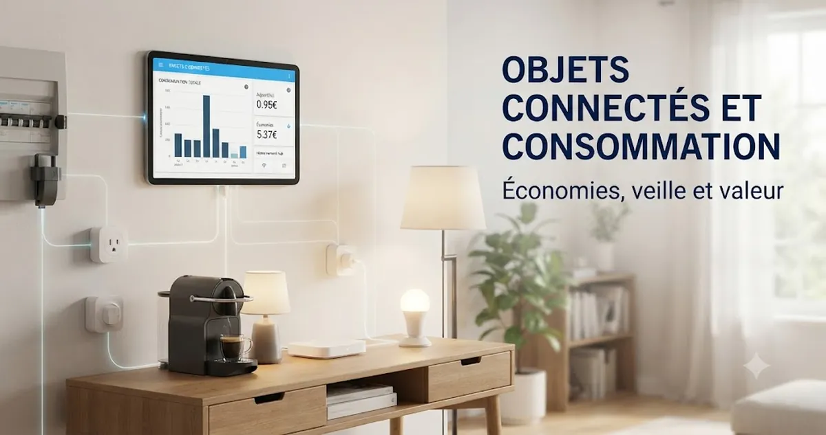 Affichage de consommation d’énergie d’une maison connectée avec prises reliées et appareils de mesure électrique