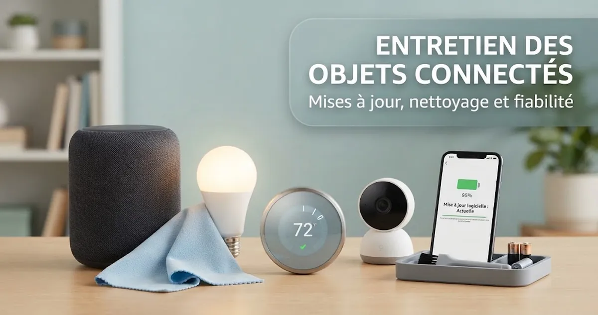 Objets connectés entretenus avec nettoyage, vérification de batterie et contrôle des mises à jour