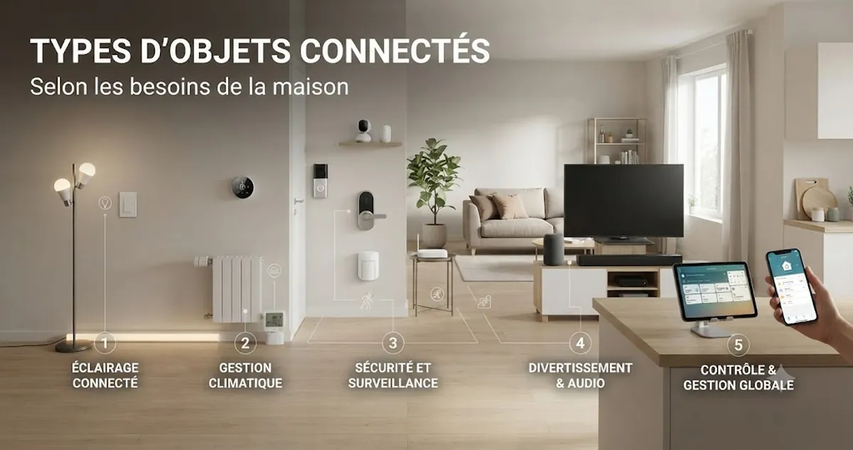 Différents types d’objets connectés organisés selon leur usage dans la maison
