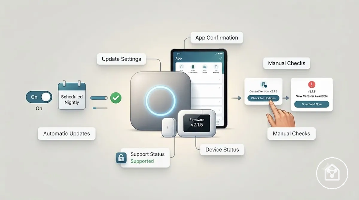 Comparação de dispositivos inteligentes mostrando configurações de atualização automática e verificações manuais de versão