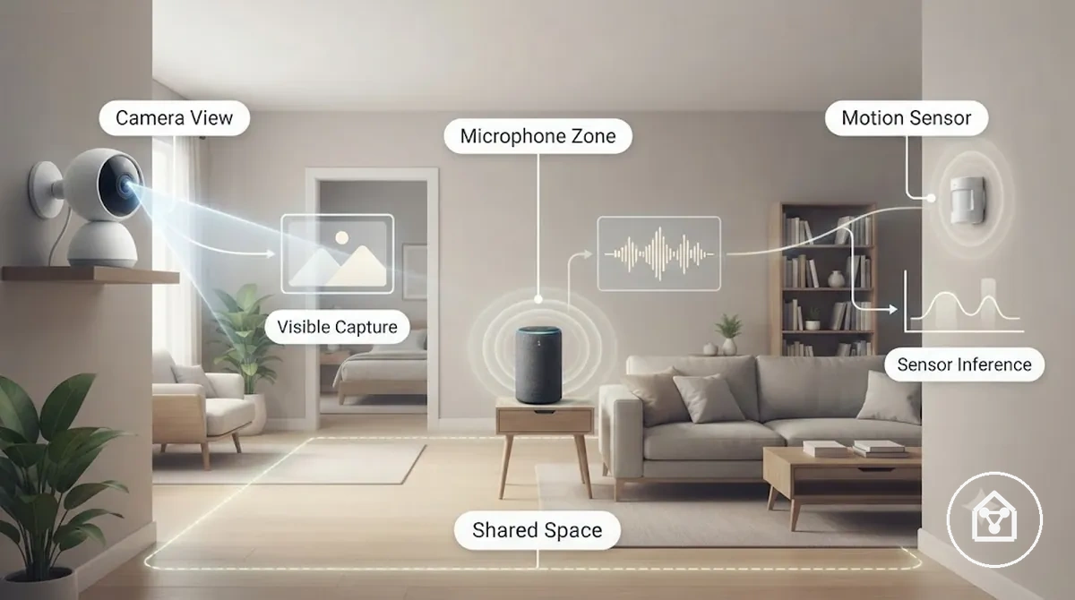 Cômodo de casa inteligente anotado mostrando a exposição de privacidade de câmera, microfone e sensor em um espaço compartilhado.