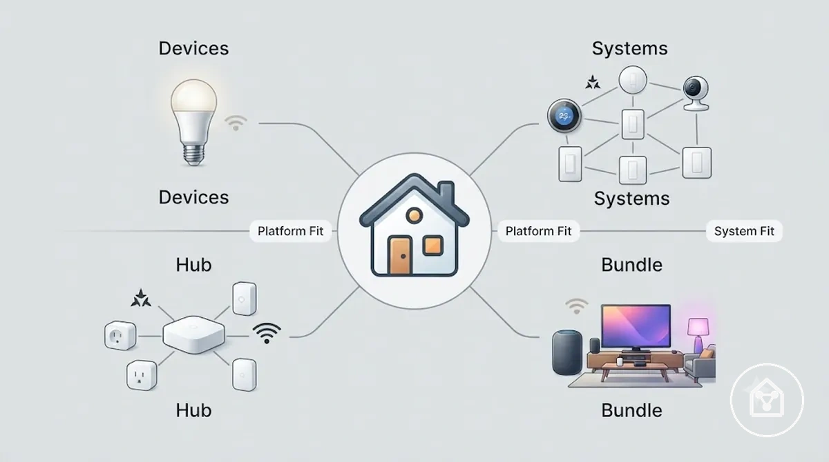 Diagrama ilustrando o escopo de comparação de casa inteligente entre dispositivos, sistemas, hubs e pacotes