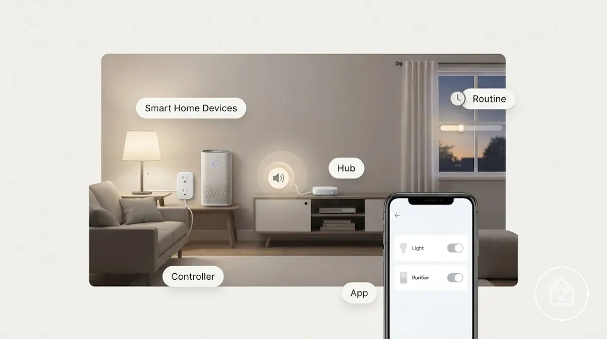 Configuração inicial de casa inteligente mostrando dispositivos conectados controlados por um aplicativo de celular