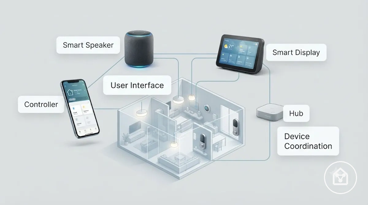 Controladores, alto-falantes, telas e hubs coordenando dispositivos de casa inteligente compatíveis