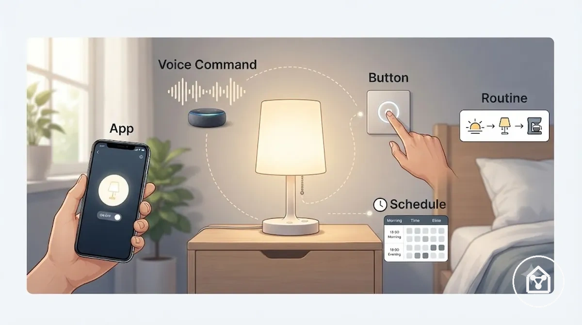 Opções de controle de casa inteligente para iniciantes mostrando aplicativo, comando de voz, botão e opções de horário