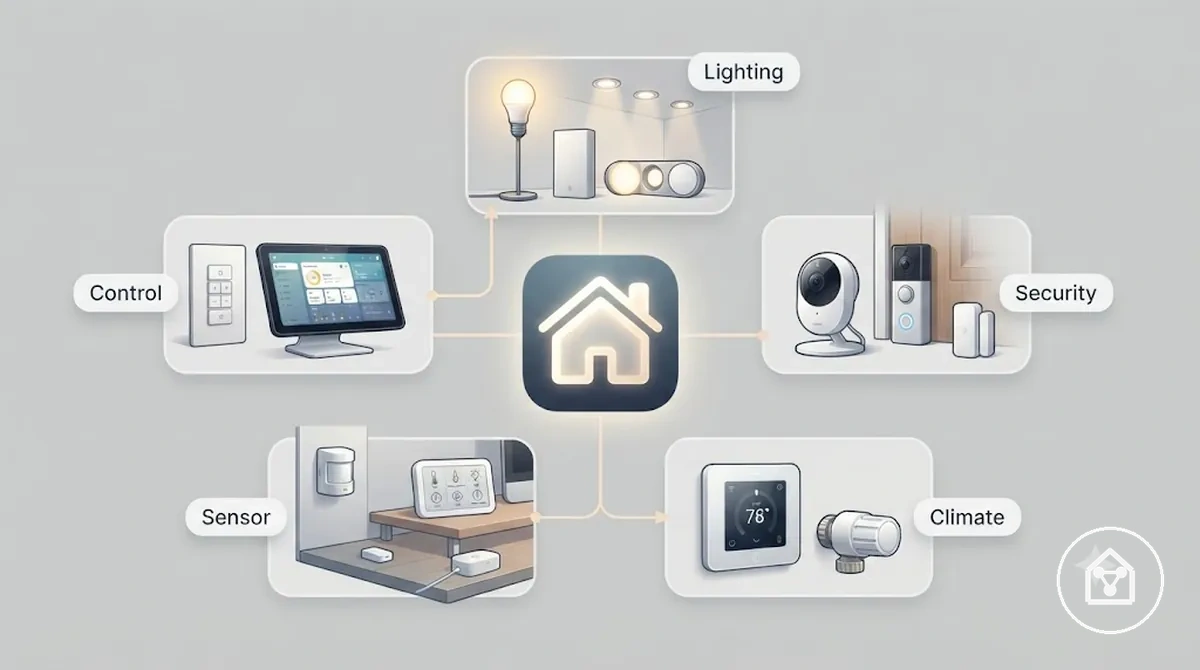 Exemplo anotado mostrando funções de iluminação, segurança, clima, sensor e controle