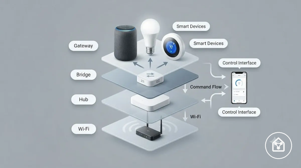Diagrama da pilha de conexão mostrando Wi-Fi, hubs, bridges e gateways para dispositivos inteligentes