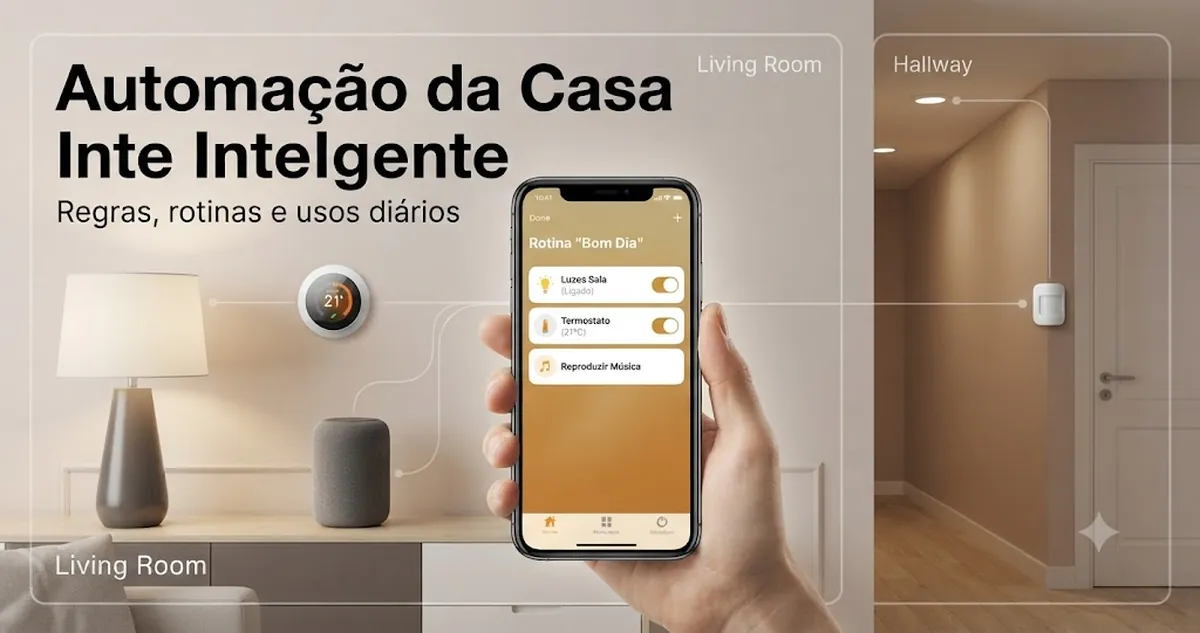 Dispositivos de casa inteligente controlados por rotinas de automação e regras por cômodo