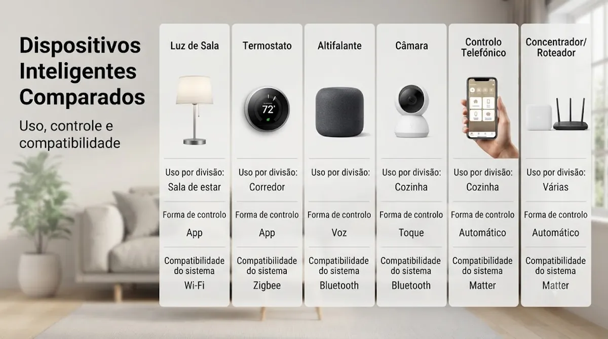 Dispositivos de casa inteligente comparados por cômodo, forma de controle e compatibilidade do sistema