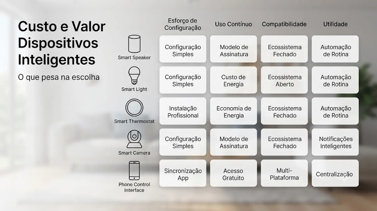 Dispositivos de casa inteligente organizados para comparar fatores de custo e valor