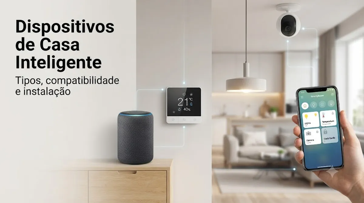 Cena de uma casa conectada com dispositivos de casa inteligente funcionando juntos
