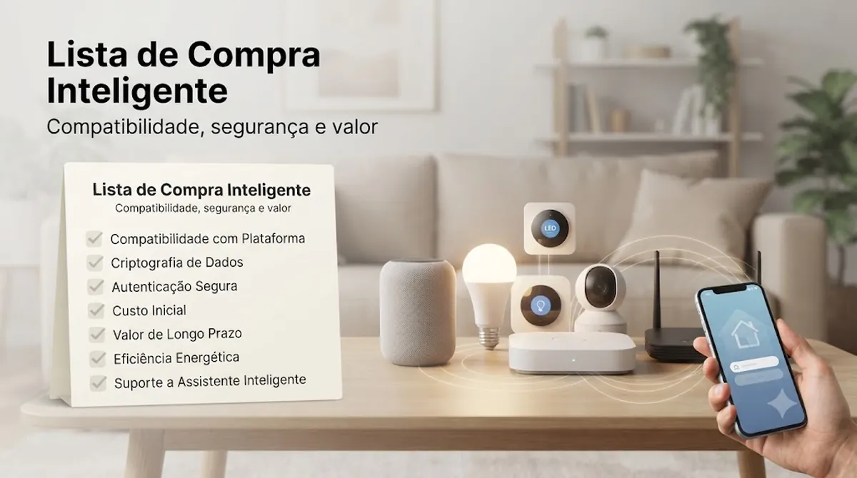 Lista de compra de dispositivos de casa inteligente com verificações de compatibilidade, segurança e valor