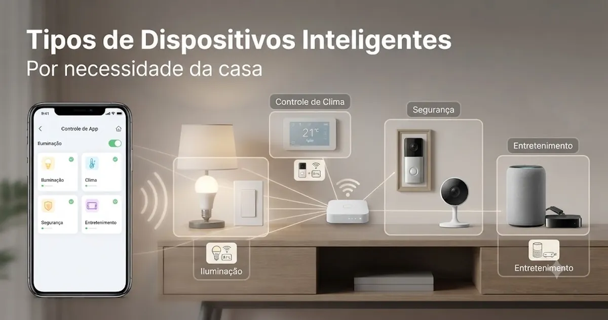 Diferentes tipos de dispositivos de casa inteligente organizados por uso doméstico