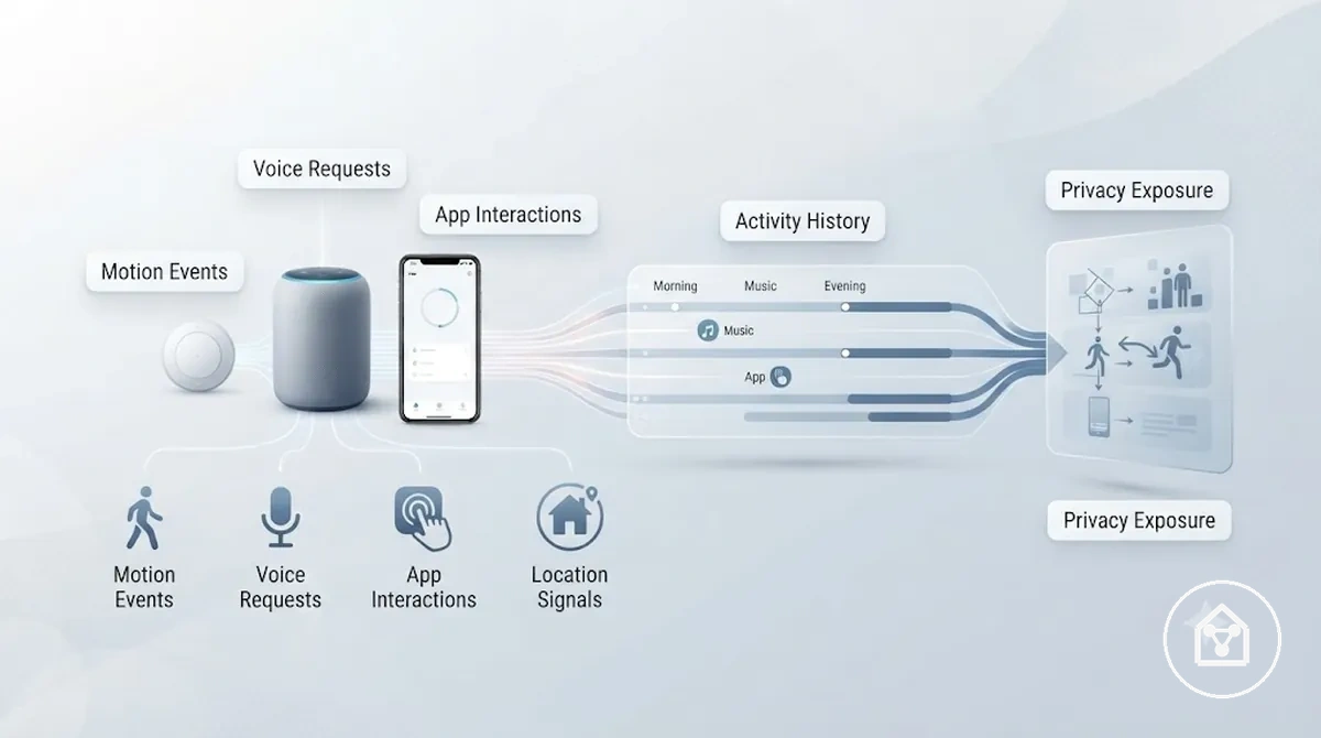 Akıllı ev cihazı günlüklerinin ev rutinlerini ve aktivite modellerini nasıl ortaya çıkarabileceğini gösteren açıklamalı örnek.