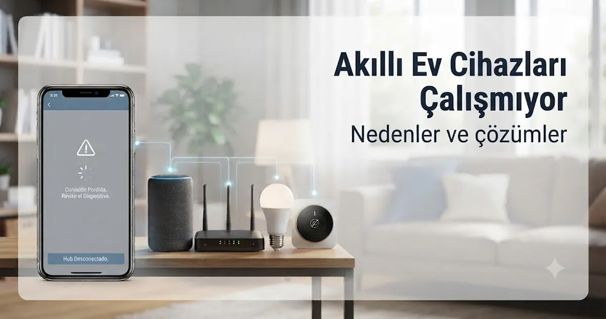 Bağlantı ve uygulama hata göstergeleriyle akıllı ev cihazı sorun giderme ekranı