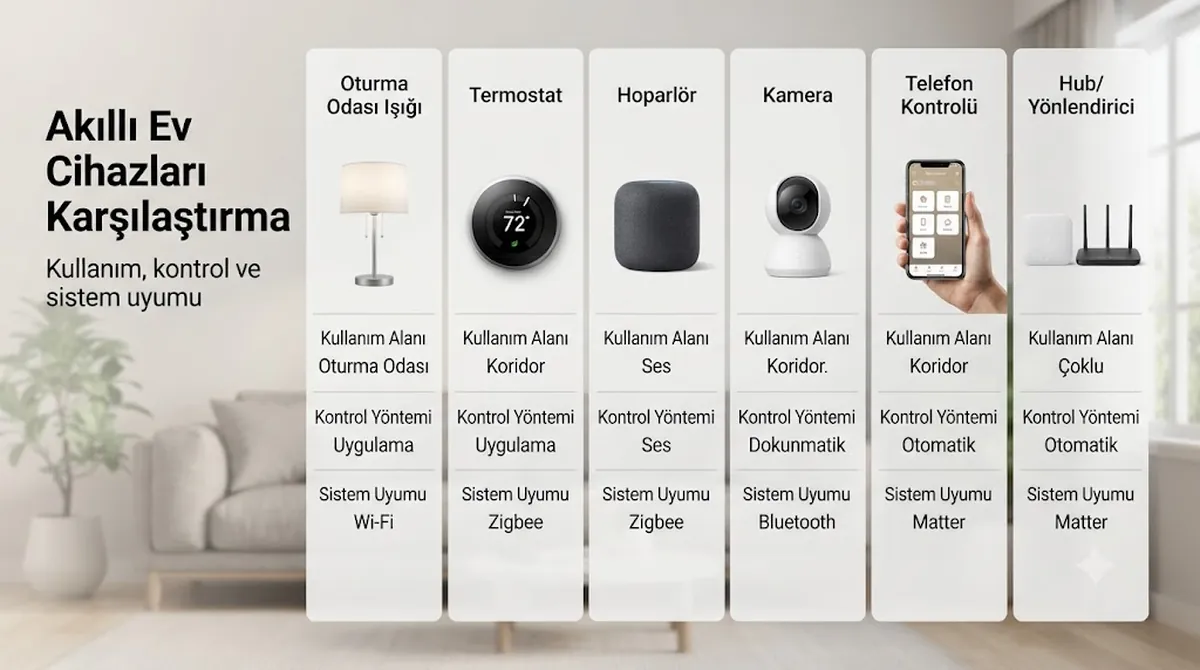 Oda kullanımı, kontrol yöntemi ve sistem uyumuna göre karşılaştırılan akıllı ev cihazları