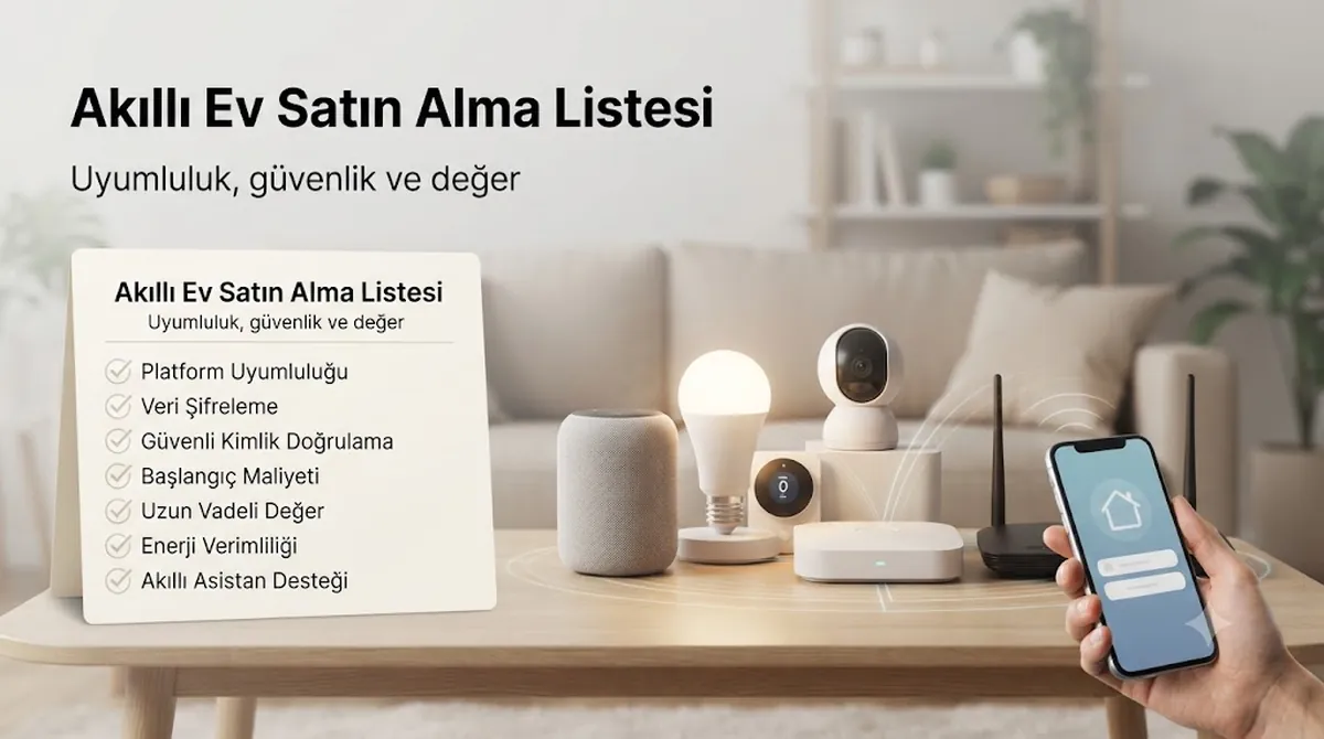 Uyumluluk, güvenlik ve değer kontrolleri içeren akıllı ev cihazı satın alma kontrol listesi