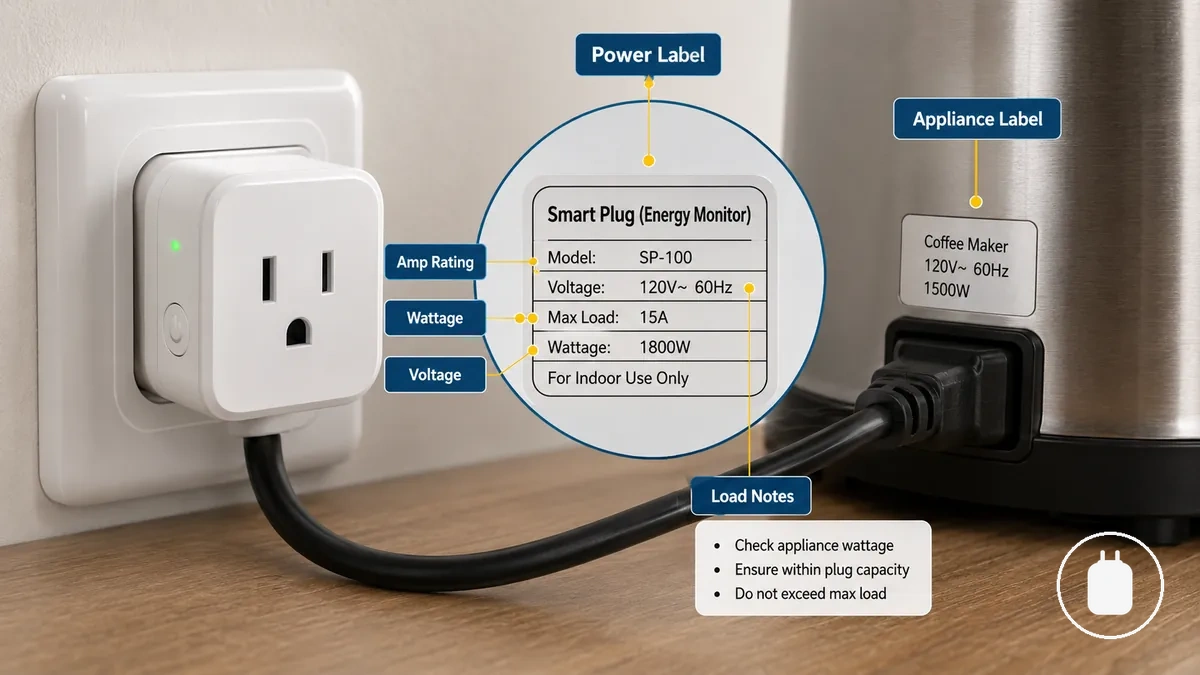Annotiertes Leistungsschild einer smarten Steckdose mit Angaben zu Ampere, Wattzahl und Spannung