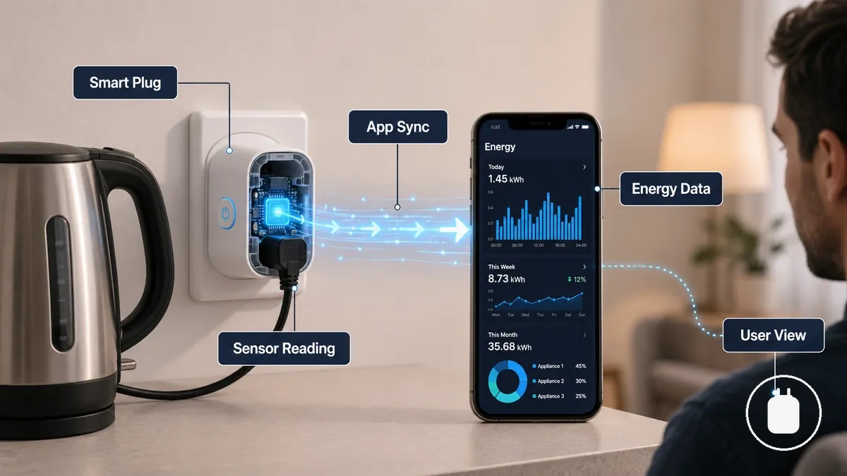 Diagramm, das zeigt, wie eine App einer smarten Steckdose Energieverbrauchsdaten von einer angeschlossenen Steckdose erfasst