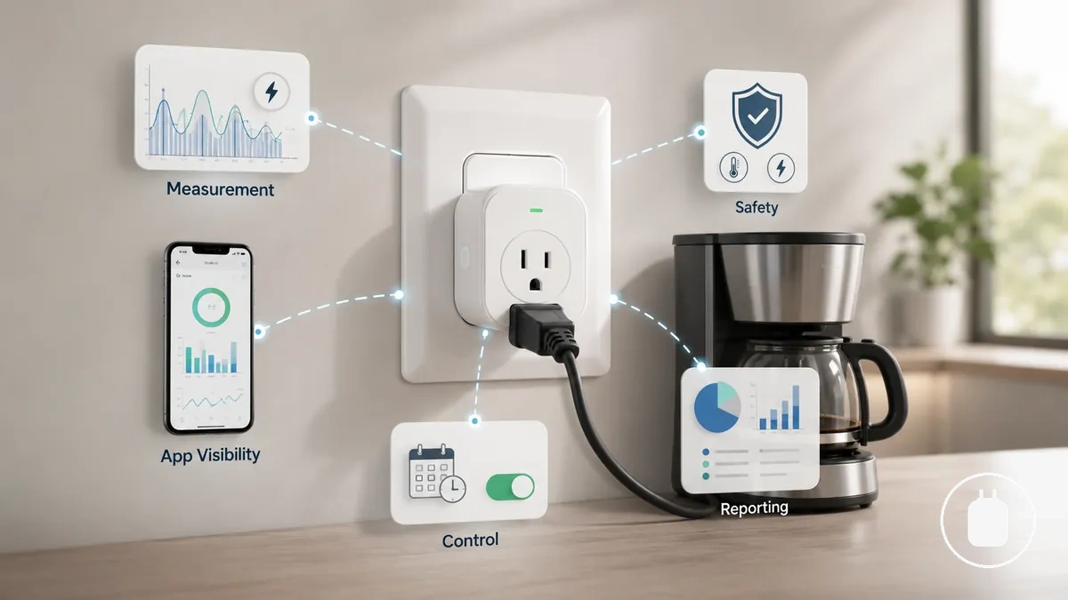 Diagramm, das Energieüberwachungsfunktionen einer smarten Steckdose mit Überwachungs-, Steuerungs- und Berichtsfunktionen zeigt
