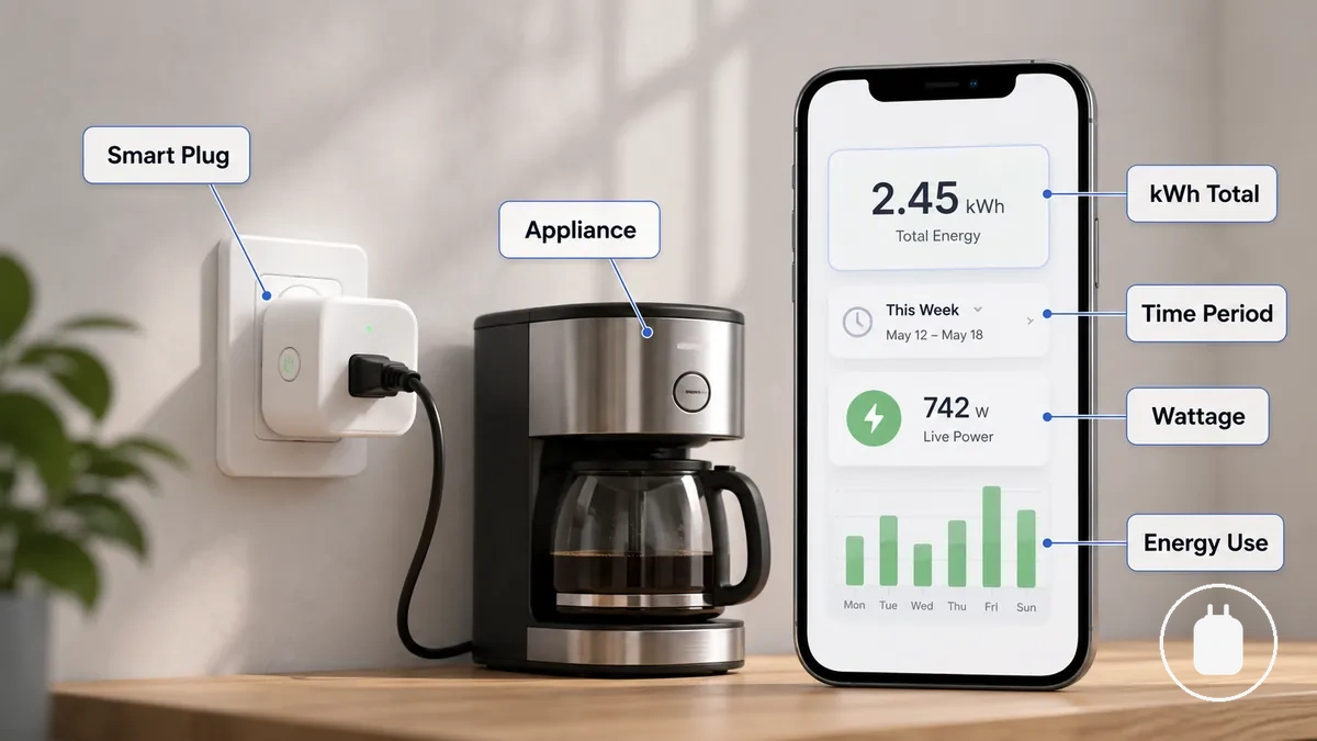 App einer smarten Steckdose, die die kWh-Energiesumme für ein angeschlossenes Gerät über einen ausgewählten Zeitraum anzeigt