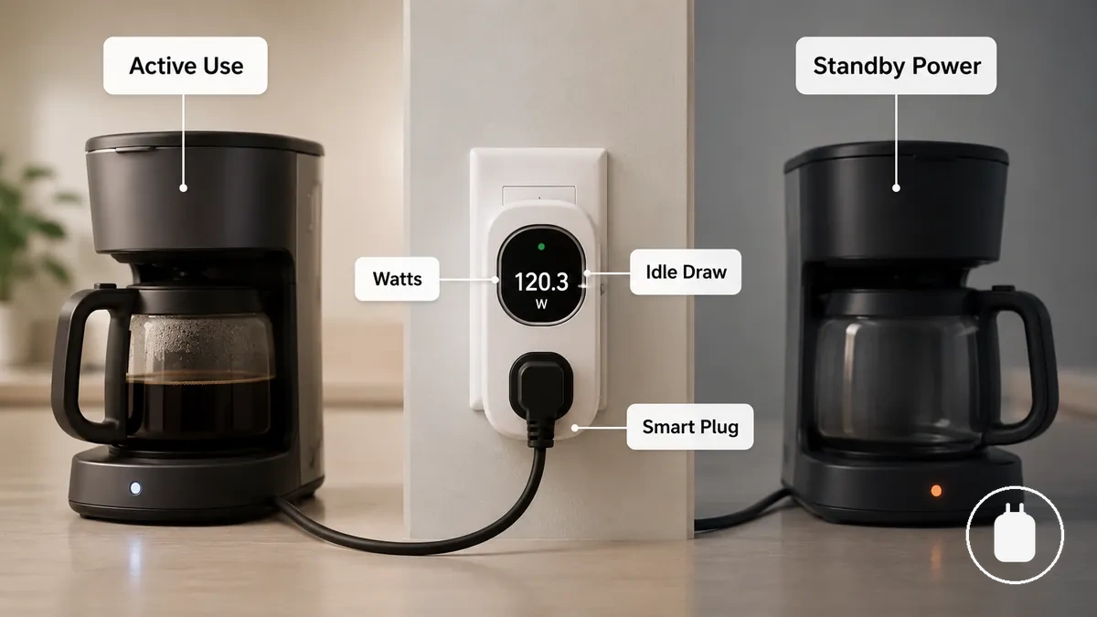 Smarte Steckdose mit Energieüberwachung, die Standby-Leistung eines inaktiven Geräts anzeigt