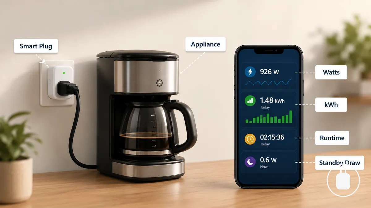 Smarte Steckdose, die an ein Gerät angeschlossen ist, mit einer App, die Watt- und Kilowattstundenwerte für die Überwachung auf Steckdosenebene anzeigt