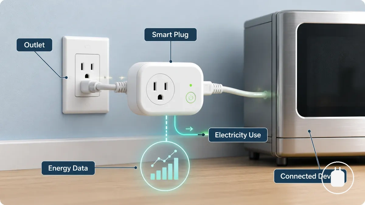 Smarte Steckdose mit Energieüberwachung zwischen Steckdose und Gerät angeschlossen