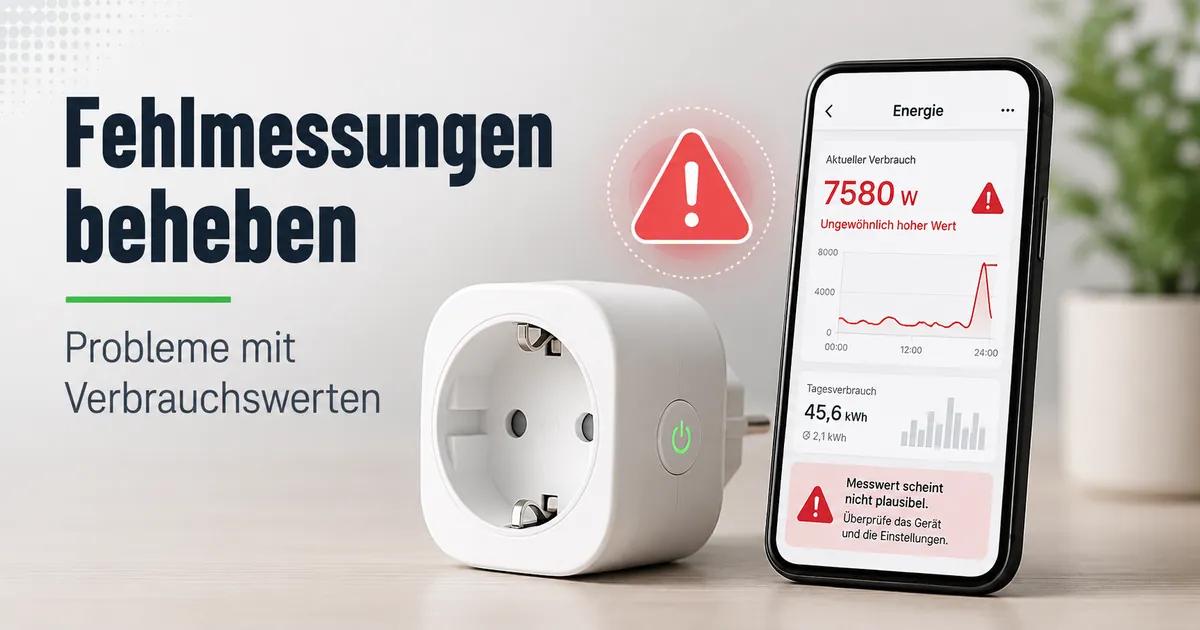 Smarte Steckdose mit Energieüberwachung zeigt eine Warnung zu falschen Verbrauchswerten in einer App