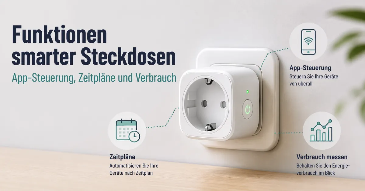 Funktionssymbole einer smarten Steckdose mit Energieüberwachung für App-Steuerung, Zeitpläne und Verbrauchsmessung