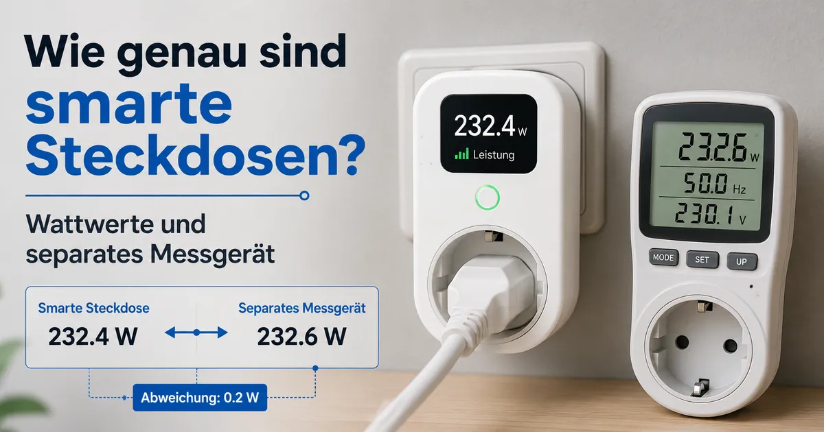 Smarte Steckdose mit Energieüberwachung zeigt Wattwerte neben einem separaten Leistungsmessgerät