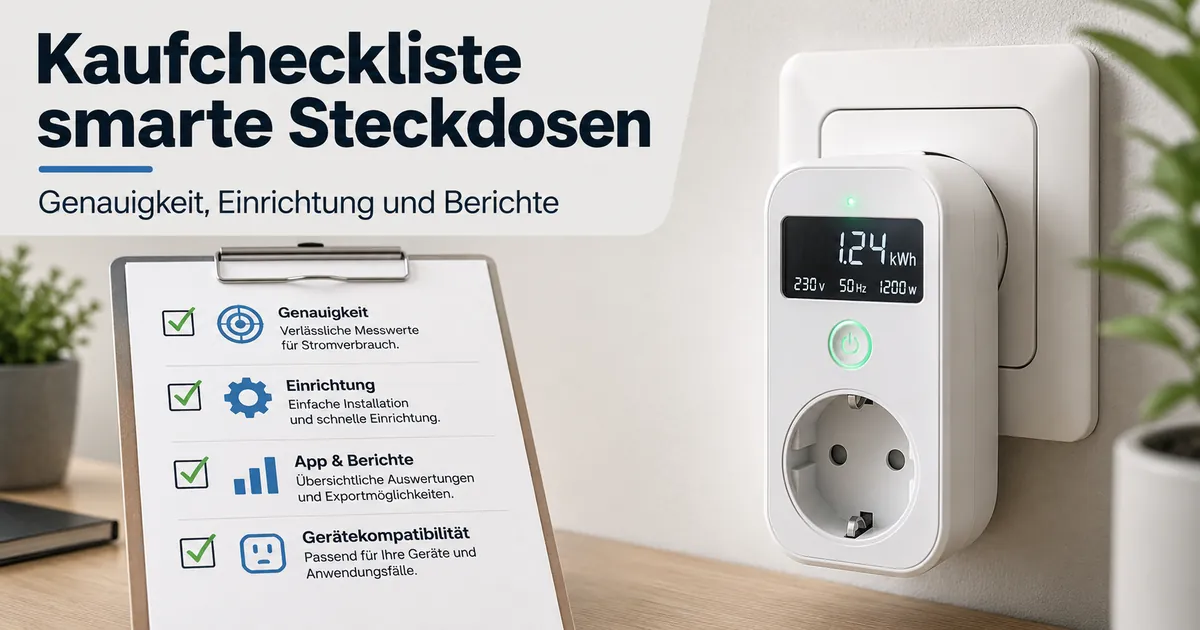 Checkliste neben einer smarten Steckdose mit Energieüberwachung mit zentralen Kaufkriterien