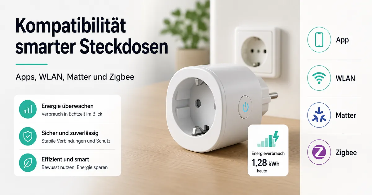 Smarte Steckdose mit Energieüberwachung und Symbolen für App-, WLAN-, Matter- und Zigbee-Kompatibilität