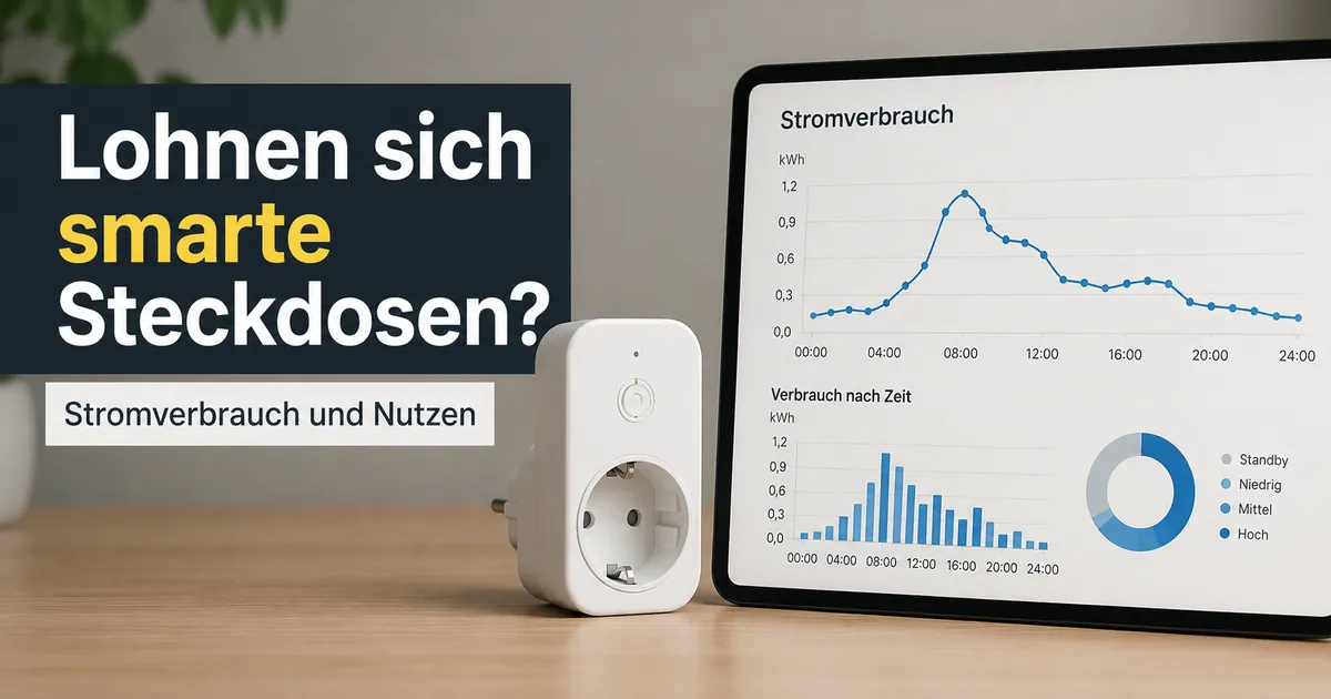 Smarte Steckdose mit Energieüberwachung neben einer Verbrauchsgrafik zur Bewertung des Nutzens