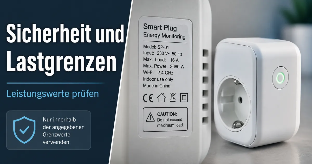 Etikett einer smarten Steckdose mit Energieüberwachung mit Leistungswerten und Lastgrenze