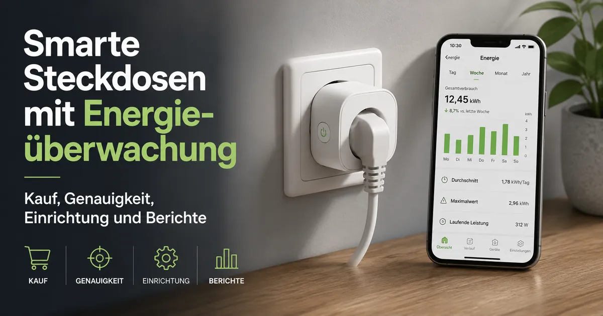 Smarte Steckdose mit Energieüberwachung an einer Wandsteckdose mit Verbrauchsdaten in einer mobilen App