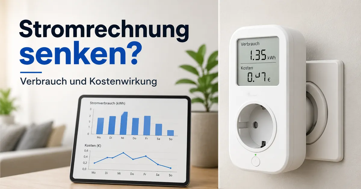 Smarte Steckdose mit Energieüberwachung neben einer Grafik zu Stromverbrauch und Kosten